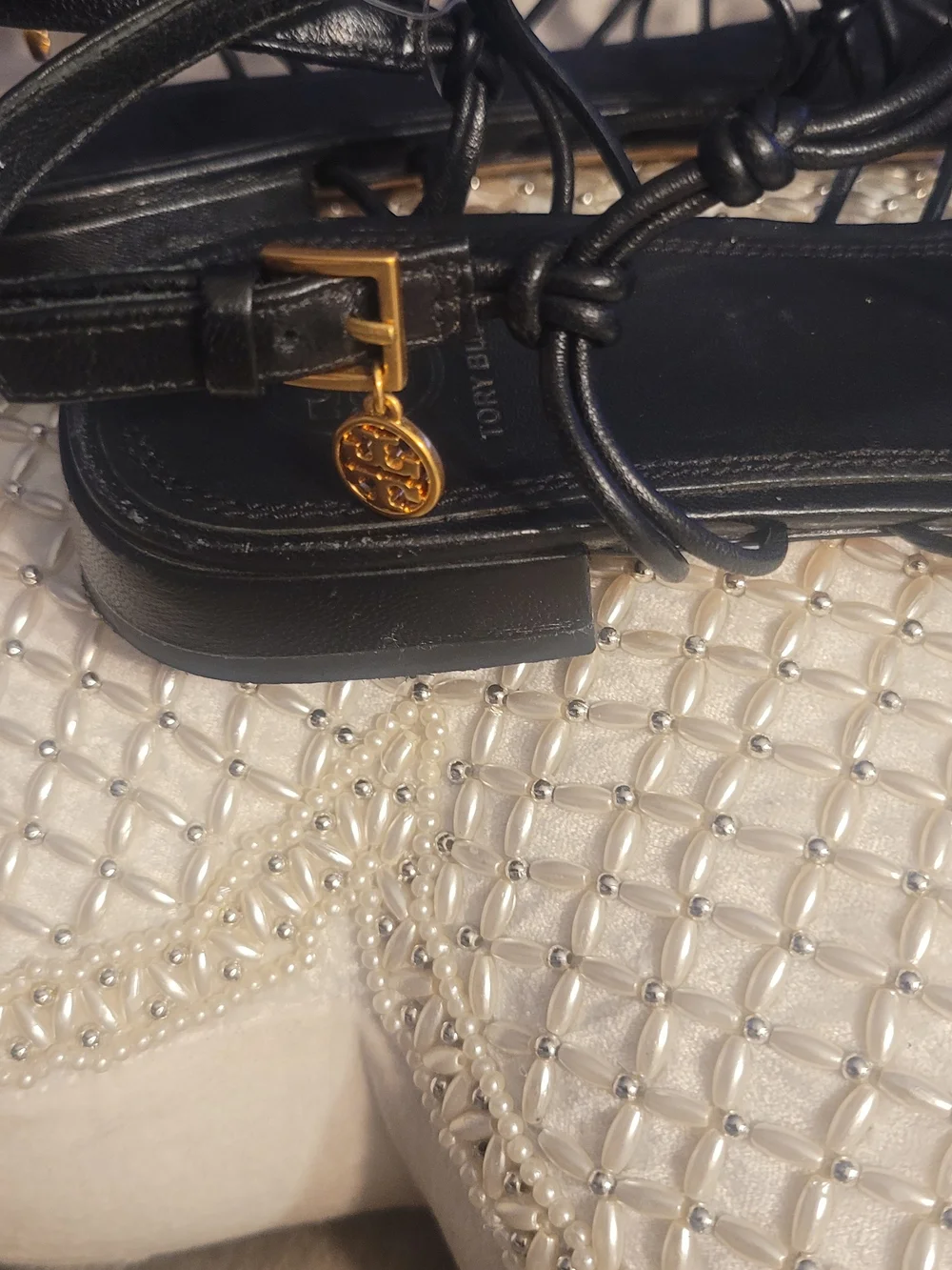 Tory Burch Black Gladiator Sandals with Gold Hardware